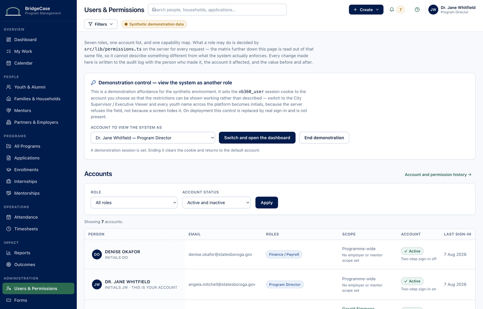The users and permissions screen showing staff accounts, the role each holds and the scope of records that role can reach.